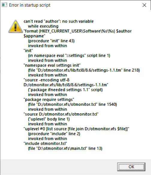 OT monitor error in startup script.