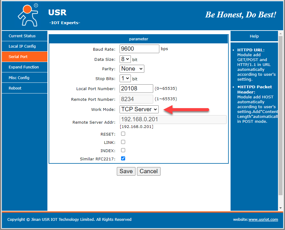 USR-TCP232 Serial Port Settings